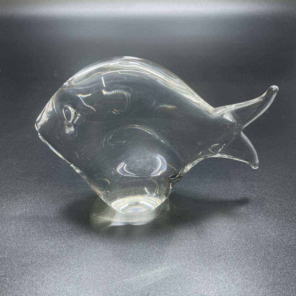 MCM Clear Glass Fish Paperweight Sculpture Italian Hand Blown 6.5" Artist Signed